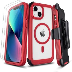 Defender for Clear iPhone 13 Case with Belt Clip Holster + 2 Screen Protectors, Compatible with MagSafe, Anti-Yellowing, Full-Body Phone Cover for iPhone 13 Case (Clear & Red)