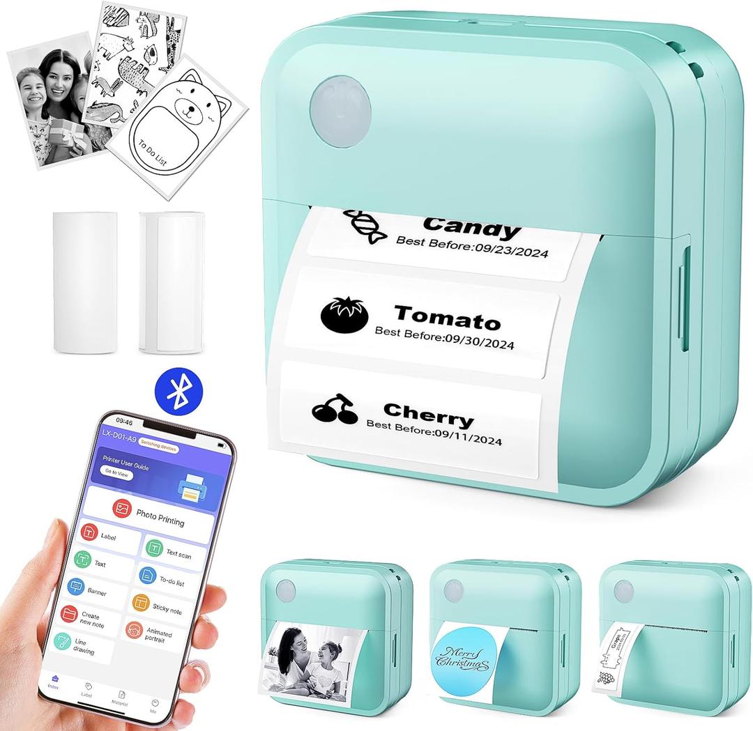 Label Maker Machine with Tape - Thermal Label Printer Bluetooth Label Maker Machine, Mini Printer Sticker Maker for Home, Kitchen, School, Office Organization (Green)