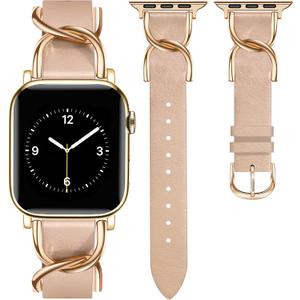 JR.DM Designer Leather Bands for Women,Dressy Fancy Cute Strap with Double U-Shaped Buckle Watch Bands for iwatch Compatible with Apple Watch Series 11/10/9/8/7/6/5/4/3/2/1 Ultra 1/2/3 SE 1/2/3 Champagne Rose Gold