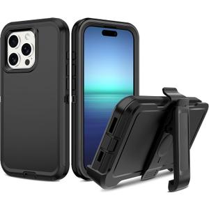 I-HONVA for iPhone 15 Pro Case with Belt-Clip Holster Shockproof Dust/Drop Proof 3-Layer Full Body Protection Rugged Heavy Duty Cover Case for Apple iPhone 15 Pro 6.1" 2023,Black