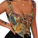 Women's Summer Vintage Floral Renaissance Corset Top for Women Y2k Tops Sleeveless Drawstring Crop Top (3X-Large, Khaki)
