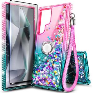 NGB Designed for Samsung Galaxy S23 Ultra Case, Pink/Aqua | Glitter Liquid Sparkle Cute Cover for Women Girls Kids | with Screen Protector & Ring Holder & Wrist Strap Lanyard
