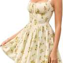 Womens Summer Floral Mini Dress Square Neck Tie Front Lace Spliced Ruched Backless Casual Party Graduation Short Dresses XL