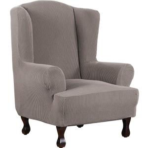 H.VERSAILTEX Wing Chair Slipcover Chair Covers for Wingback Chairs Wingback Chair Covers Slipcovers 1 Piece Stretch Sofa Cover Furniture Protector Soft Spandex Jacquard Checked Pattern, Taupe