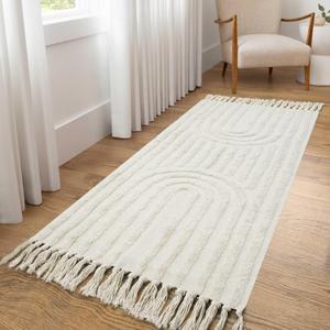 LEEVAN Boho Kitchen Runner Rug 2'x4' Cotton BlendLaundry Room Beige Rainbow with Tassels Washable Farmhouse Bathroom Bohemian Rugs for Bedroom Hallway Throw Runner Rug/Kitchen Sink