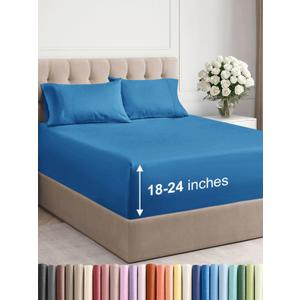 Extra Deep Pocket Queen Sheet Set - 4 Piece Breathable & Cooling Bed Sheets - Hotel Luxury Sheet Set - Soft, Wrinkle Free & Comfy - Easily Fits Extra Deep Mattresses - Deep Pocket Denim Blue Sheets