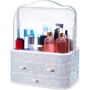 Honeydak Bling Makeup Organizer for Teen Girl Christmas Gifts Rhinestone Cosmetic Display Cases with Transparent Cover, Skincare Organizers Perfume Organizer for Countertop, Desk(White,Rhinestone)
