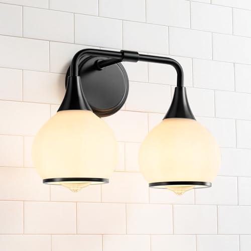 HAHZT Black Bathroom Light Fixtures 2 Lights Vanity Lights with Milky White Frosted Glass Shade Bathroom Vanity Light 14 inch Wall Sconce Lighting Bath(Exclude E26 Bulb)