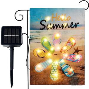Hello Summer Beach Flip Flop Garden Flag with Lights- Solar LED Burlap Garden Yard Outdoor Flags Summer 12x18 Double Sided Banner for Patio Lawn Outside Decoration Farmhouse