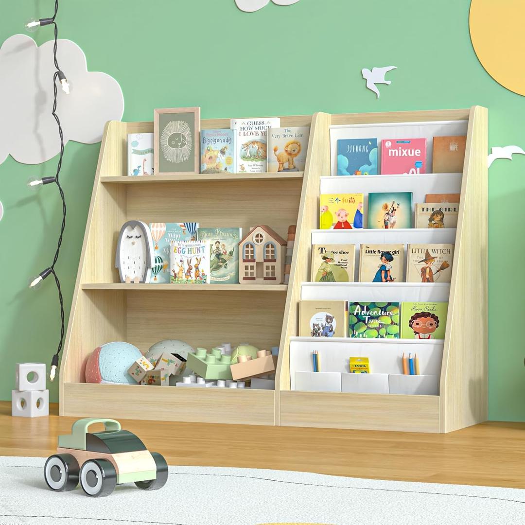 Kids Bookshelf and Toy Storage, 3 Tier Wooden Kids Bookcase with Storage, Floor-to-Ceiling Baby Book Organizer with Sling, Children Book Rack for Playroom, Classroom, Nursery, Natural
