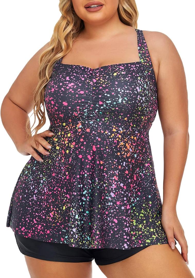 Summer Mae Women Plus Size Two Piece Tankini Swimsuits Flowy Bathing Suits Tummy Control Swimwear with Shorts (Star Whole Sky)