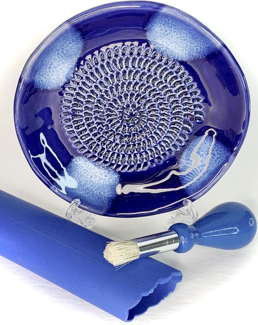 All-in-one Premium Ceramic Garlic Grater Plate 4-Piece Set - Blue Cross Glazed Design and Style - For Garlic, Ginger, Chocolate, and more! - Comes with 5.25" Plate, Peeler, Brush, and Stand