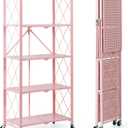 BRIAN & DANY 5-Tier Foldable Storage Shelves with Wheels, Folding Metal Rack Shelving Unit, Heavy Duty No Assembly Organizer Shelf for Garage, Kitchen, Basement, Pantry, Pink