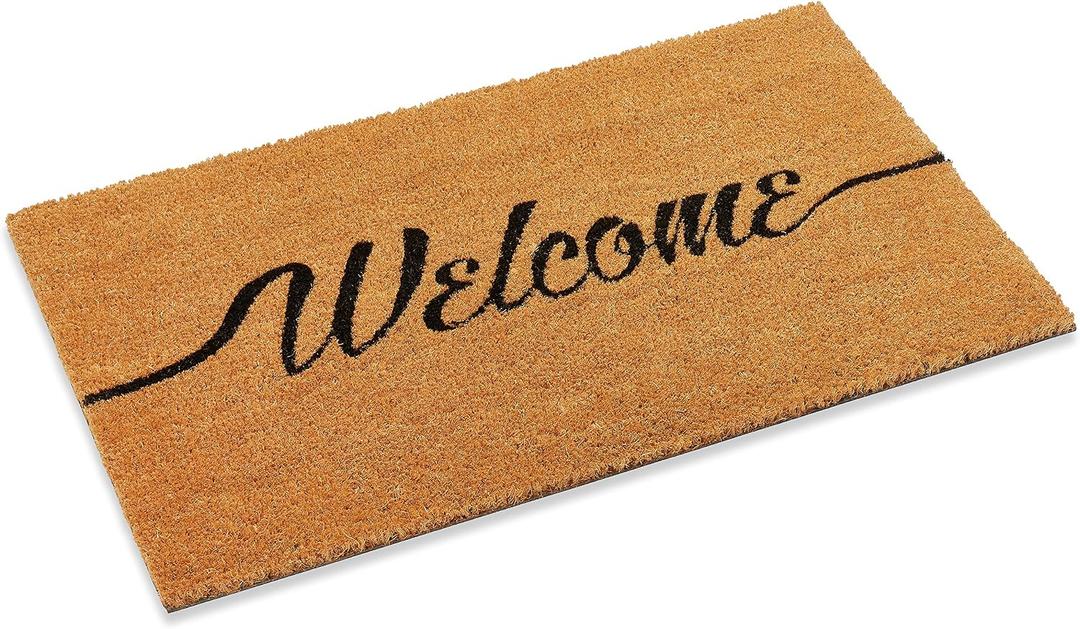 Kempf Welcome Coco Coir Doormat, 18" x 30", Cursive Script Design, Natural Fiber Front Door Mat with Vinyl Non-Slip Backing, 0.5" Thick