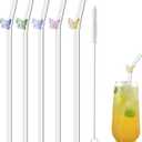 5 Pcs Reusable Straws Clear Glass Straws Colorful Butterfly Design Size 7.8" x 8mm with 1 Cleaning Brush for Smoothies, Milkshakes, Juices, Teas (Colorful Butterfly)