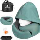 Travel Pillow - Hooded Neck Pillow Airplane Memory Foam Filling for Plane, Office, Cars Sleeping, Road Trip, Long Flights, Airplane Travel Essentials, Includes Eye Mask & Earplugs (Green)