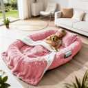 78" Human Dog Bed for Adult, Giant Orthopedic Memory Foam Dog Sofa Bed, Large Oversize Washable Faux Fur Pet Couch with Plump Pillow, Blanket, Strap - Pink
