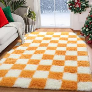 KICMOR 4x6 Rugs for Bedroom Living Room, Orange and Cream White Fluffy Fuzzy Checkered Shag Area Rug Shaggy Bedside Carpet, Furry Plush Soft Rug for Kids Boys Girls Room Nursery Playroom Home Decor