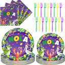 Tioncy 96 Pcs Mardi Gras Plates and Napkins Disposable Tableware Set Purple Nola Paper Plates Forks for 24 Guests Mardi Gras Party Supplies Alligator Crawfish Pelican Party Decorations Forks Set