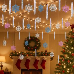 Syhood 28 Pcs Christmas Hanging Ceiling Snowflake Decorations 10000 Strand Tinsel Icicles Ornament Christmas Hanging Snowflakes Ornament for Winter Decor Holiday Wonderland(Blue, Purple, Silver)