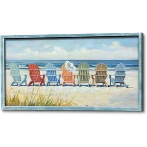 Framed Coastal Wooden Wall Art: Beach Chair Painting Ocean Seascape for Living Room Seaside Home Decor, 40"L x 20"W