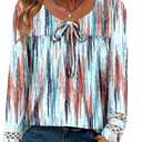Magritta Women's Dressy Printed Tops Fashion Mesh Long Sleeve Tee Shirt 2025 Fall Trendy Versatile Pintuck Shirt Elegant Crew Neck Tunics Loose Casual Blouses Orange Blue Stripe Large