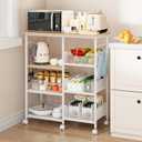 SWTYMIKI Kitchen Island Cart on Wheels  28.35x14.57in Rolling Kitchen Table Cart with Storage Shelves, 6 Removable Hooks& Locking Casters, Coffee Bar Cabinet for Dining Room Pantry Office, White