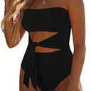 Viottiset Women's Bandeau One Piece Swimsuit Strapless Tie High Cut Out Bathing Suit, Medium