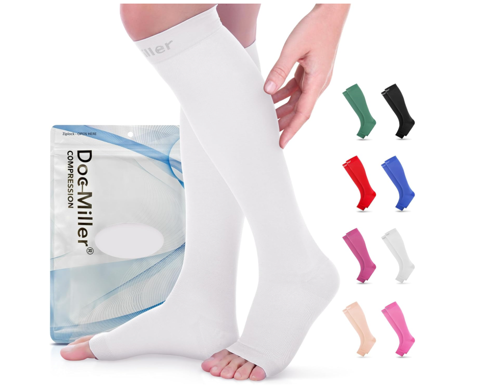 Doc Miller Open Toe Compression Socks for Women & Men 15–20 mmHg, Knee High Calf Support Sleeves, Graduated Stockings for Swelling Recovery, Circulation, 1 Pair, Size Large Regular