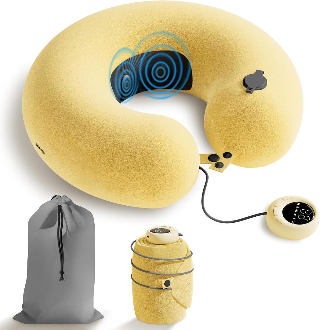 Inflatable Massage Travel Pillow 6-Mode Adjustable Vibration, Soft Neck Support Cushion for Airplane, Car, Office & Home, Easy to Inflate & Carry