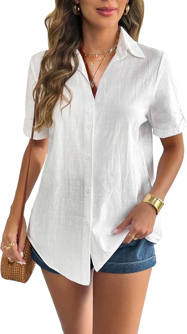 Zeagoo Women Linen Button Down Shirt Rolled Cuffed Short Sleeve Blouse Ladies Summer Casual V Neck Beach Cotton Tops (White, XL)