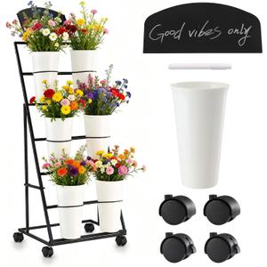 Flower stand Flower stand with buckets Suitable for flower shops, celebration events, and indoor and outdoor flower bar 6-bottle Flower Display Stand, Flower cart equipped with a blackboard and wheels