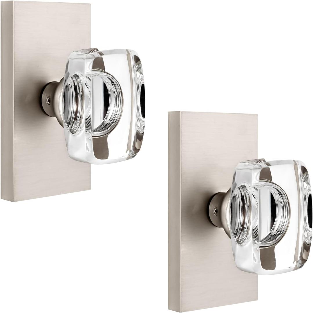 Glass Brushed Nickel Dummy Door Knobs Interior, Crystal Glass Dummy Door Handles Modern Rectangular for Closet Bifold Doors, 2 Pack, Silver