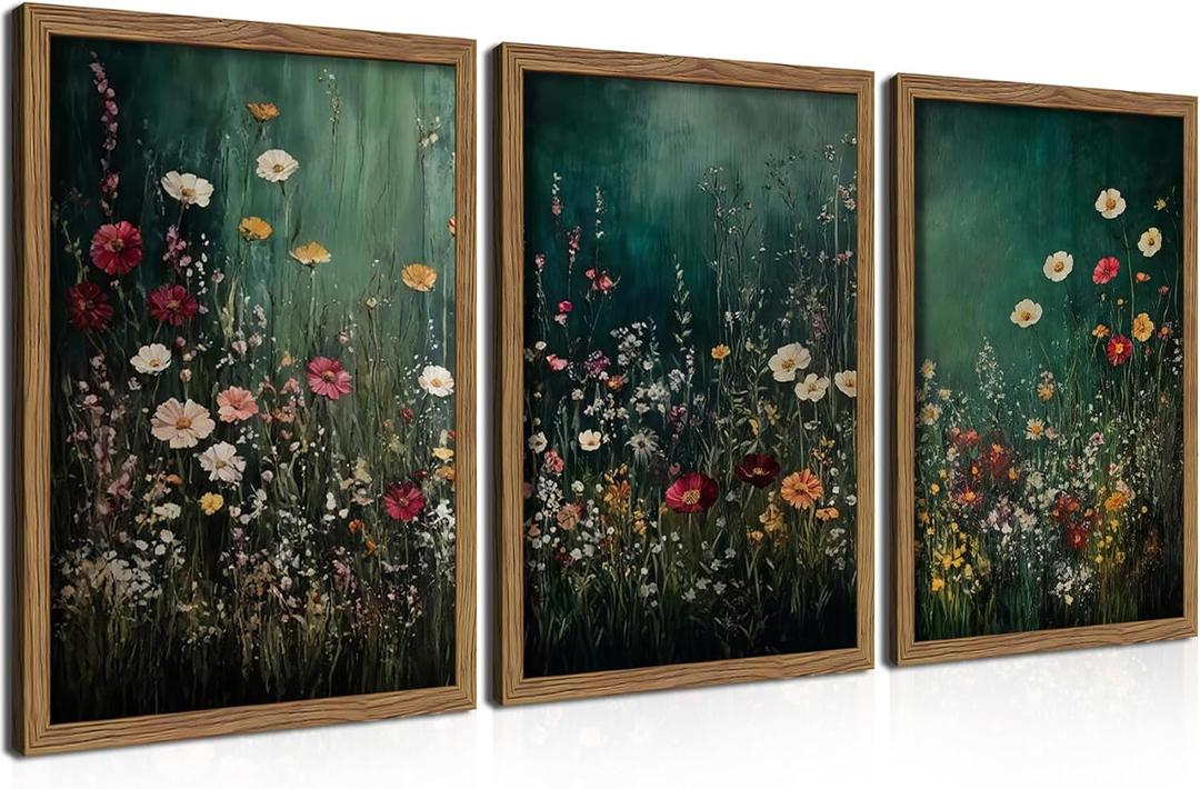 Vintage Wildflower Wall Art Set of 3, Moody Dark Green Flower Botanical Wall Decor Paintings,Nature Floral Farmhouse Landscape Posters Prints Pictures for Living Room Bedroom 16x24 Inch Wood Framed