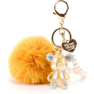 YOU WIZV Kawaii Cute Bear Keychain for Women, Bling Gummy Teddy Bear Pom Pom Key Chain Girly Wristlet Keychain for Backpack