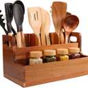 Wooden Kitchen Utensil Holder Organizer for Counter or Countertop, Large Wooden Utensil Holder for Storage Cooking and Silverware with 3+1 Compartment, Acacia Rustic Wood Container Extra Large.