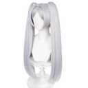 ANOGOL Hair Cap + White Ponytail Wig Women Long Straight Silver Wigs for Cosplay Synthetic Hair Silver Anime Wig with Double Ponytails White Pigtail Wig for Halloween Party Costume Outfit