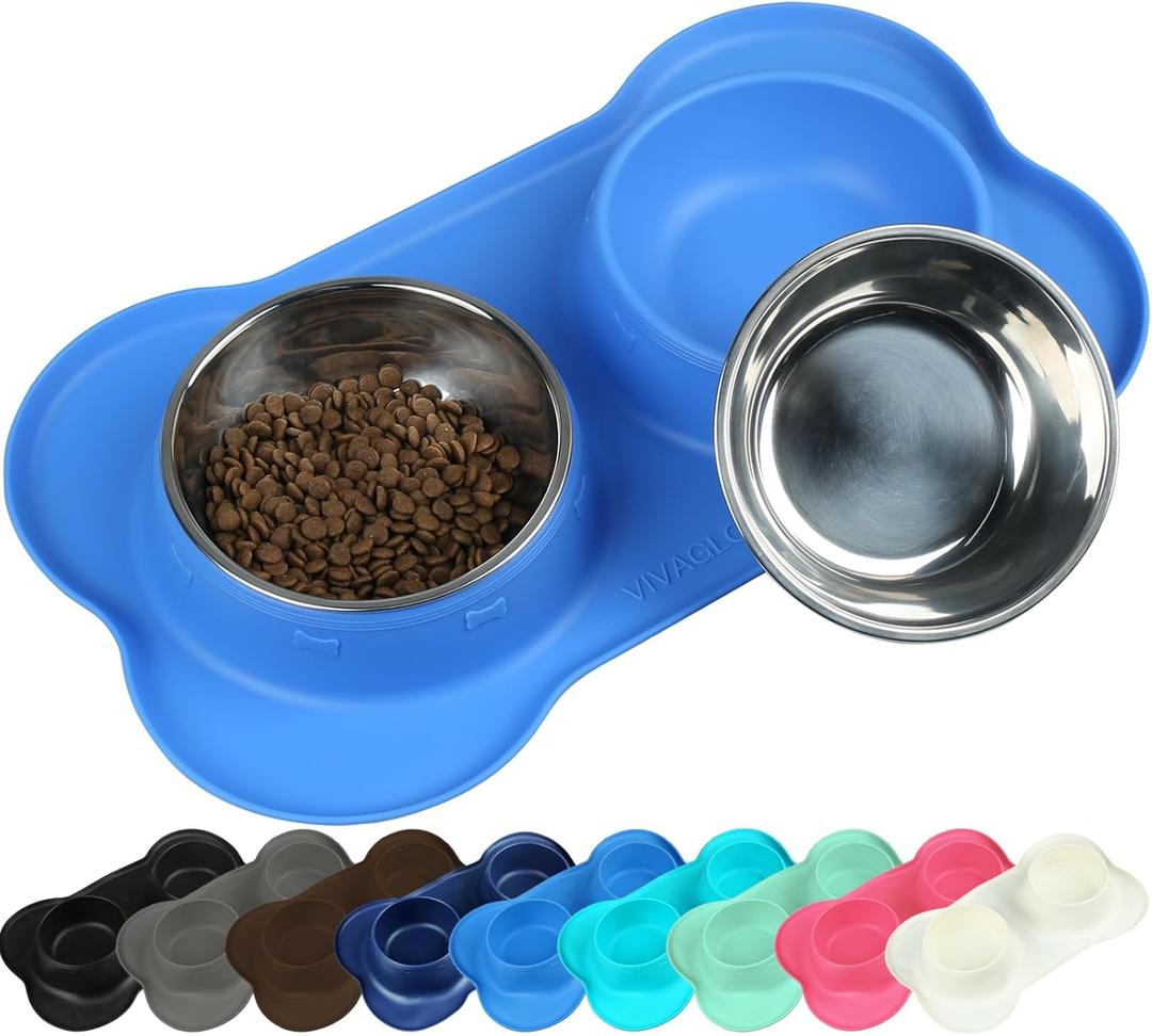 VIVAGLORY Dog Bowls, Dog Food Bowls, Stainless Steel Cat Puppy Water Bowls with Non Spill Skid Resistant Silicone Mat, Medium, Blue (12 oz ea.)