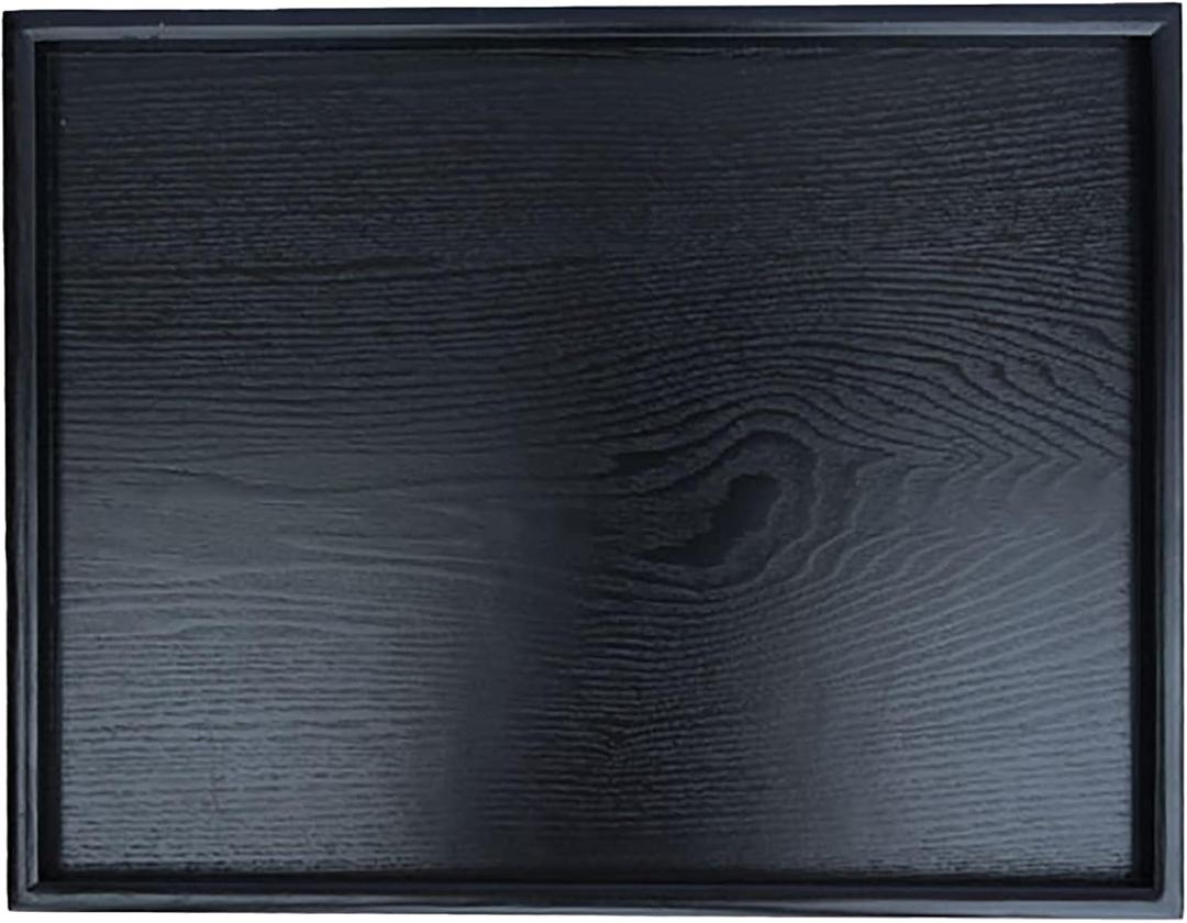 16 x 11 Inches Extra Large Solid Wood Serving Tray for Tea Coffee Table Snack Food Meals Serving Plate Kitchen Party Bar Breakfast Server with Raised Edges Black Wooden Decorative Ottoman Tray
