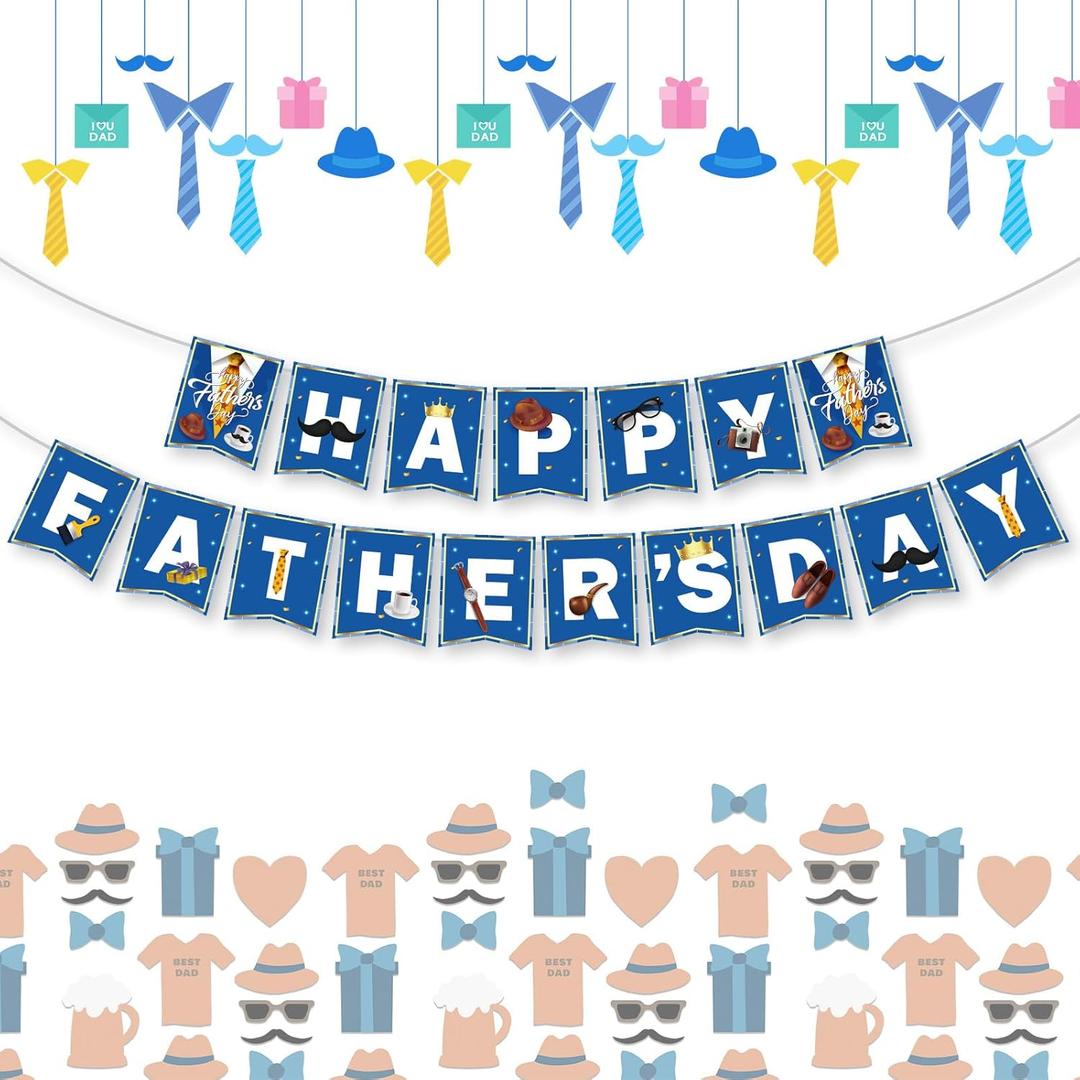 9 x Happy Fathers Day Banner, Father's Day Banners, Blue Happy Daddy Day Sign Bunting Banner Garland for Fathers Day Home, Office, Fireplace, Wall Decor and Party Decorations Supplies Favors Props