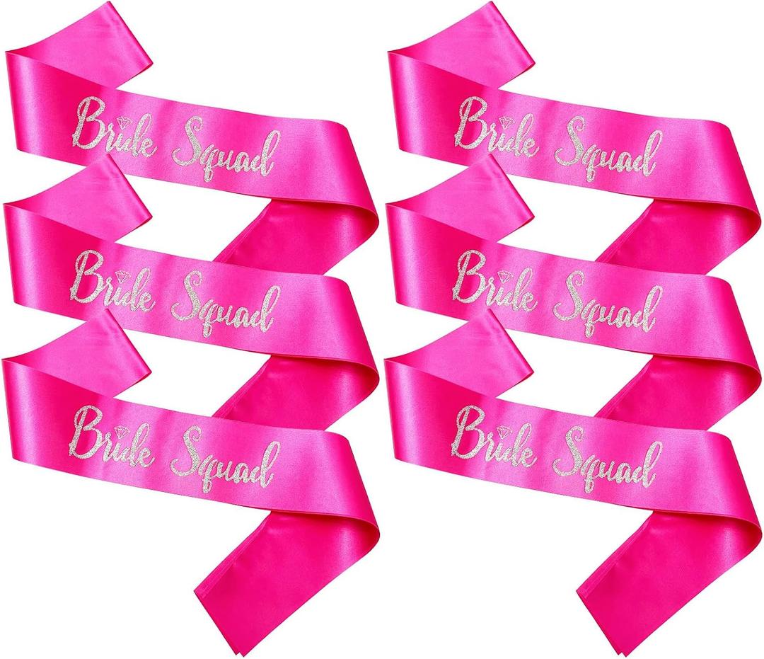 Bride Squad Sashes, 6 Pack Silver Glitter Bachelorette Party Sash for Bridal Shower Wedding Party Accessories Supplies Engagement Gifts Hot Pink