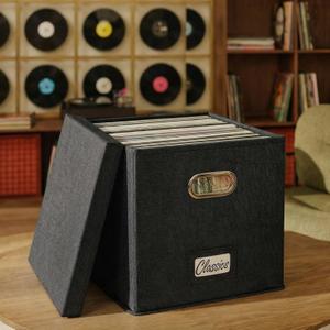 ZICOTO Decorative Vinyl Record Storage Box for 50+ Single Records - Sturdy and Easy to Carry LP Holder with Lid - The Perfect Storage Crate for Your Valuable Album Collection (Black)