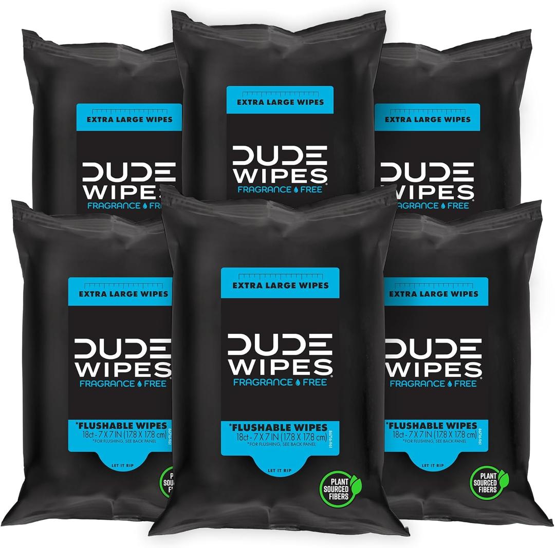 DUDE Wipes - Flushable Wipes Travel Pack - 5 Pack, 108 Count - Extra Large - Unscented - with Vitamin E & Aloe - Septic and Sewer Safe
