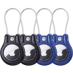 IPX8 Waterproof for AirTag Holder - 4 Pack Lock Case with Keychain for Apple AirTag 1st & 2nd Generation, Air Tag Keyring with Wire Cable, Secure AirTag Cover for Keys, Kids, Luggage, Bags, Pet Collar (2BLACK+2BLUE)