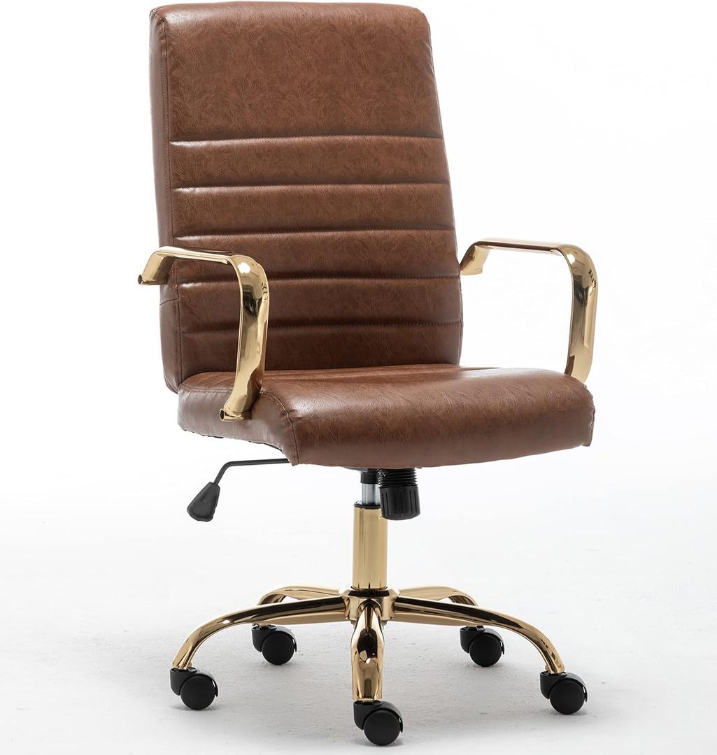 BTEXPERT Brown Vintage Faux Leather Adjustable Home Office Golden Arms Exectuive Chair High Back Manager Desk Armchair, (5162BN)