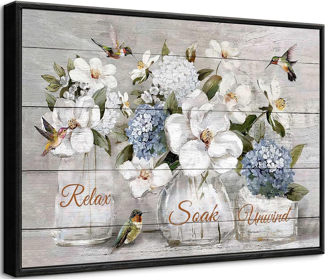 Framed Bathroom Floral Wall Art Farmhouse Bathroom Wall Decor Rustic Hummingbird Flowers Picture Wall Decor Relaxing Soaking Canvas Prints for Bathroom painting 24x16 inch (Hydrangea)