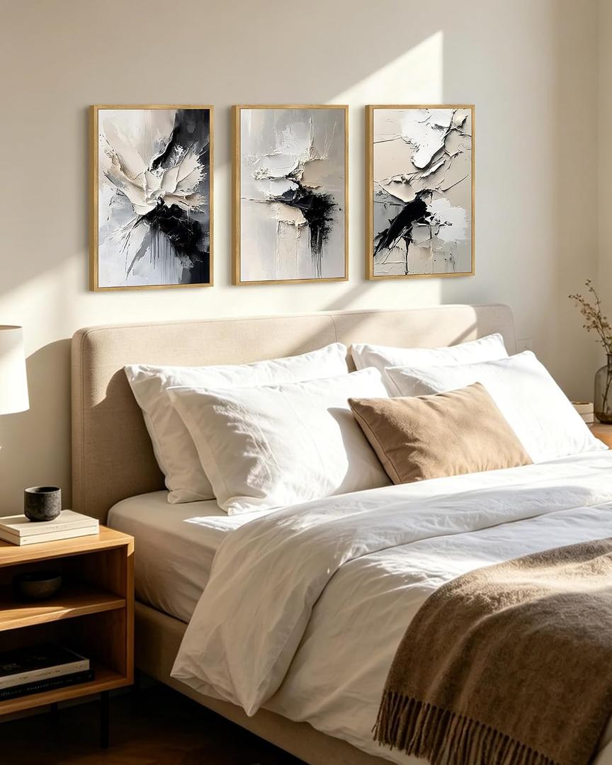 KUVIOKE Navy Blue Framed Wall Art 16x24in Natural Framed, 16 x 24in x 3 Panels Natural