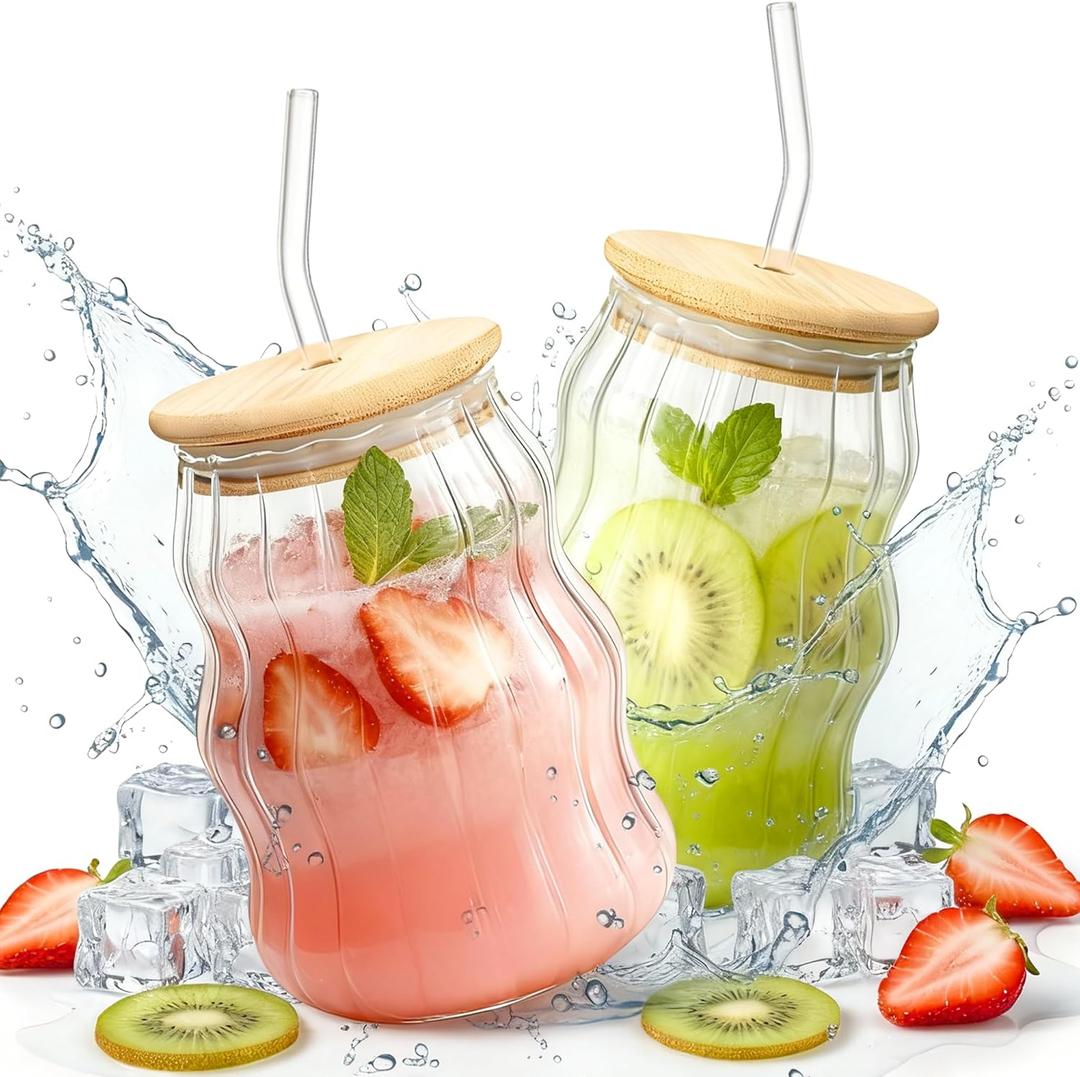 2 Packs Cute Glass Tumbler with Lid and Straw 16 oz Ice Coffee Cup Set for Smoothie Slushie Juice Matcha Tea Latte Cappuccino Espresso Hot Coffe Water Reusable Clear Travel Boba Aesthetic Drinking Mug (Cloud stripe-2 Pcs)