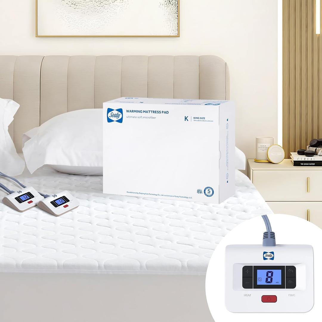 Sealy Heated Mattress Pad King Size, Luxury Quilted Electric Bed Warmer with Dual Controller 10 Heat Settings & Auto Off 1-12 Hours | Fit Up to 17" Deep Pocket | ETL Certified | Machine Washable