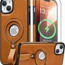 For iPhone 15 Plus/iPhone 14 Plus Leather Case with Stand, Anti-Slip Grip Ring, Fits for MagSafe (Brown, iPhone 15/14 Plus)
